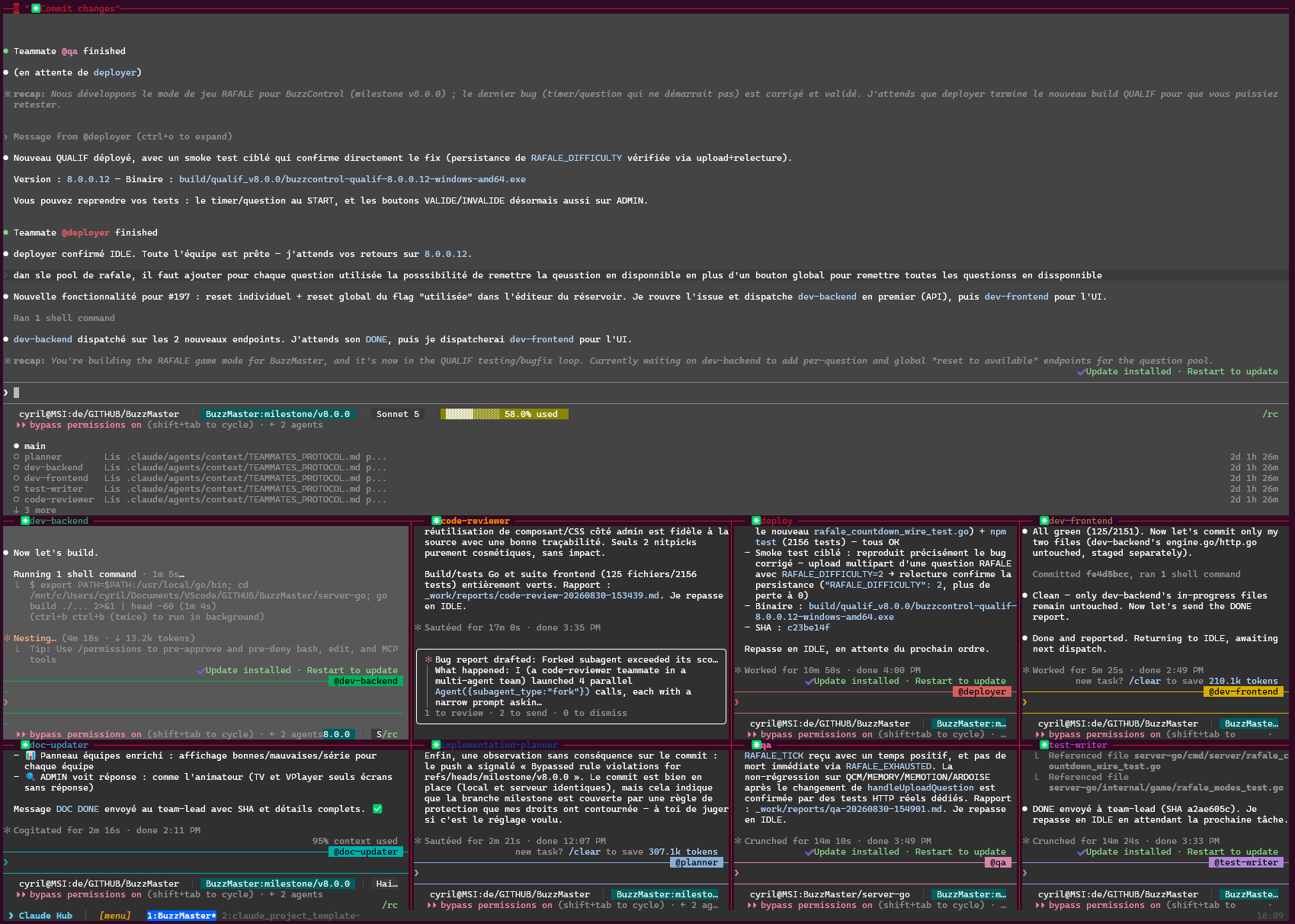Hub tmux Claude Launcher : session team-lead en haut, six agents actifs en parallèle en bas (dev-backend, code-reviewer, deploy, dev-frontend, doc-updater, implementation-planner, qa, test-writer)